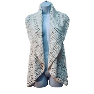 Boston Proper Cotton Crochet Knit Open Front Cardigan Vest Shawl Collar Boho S